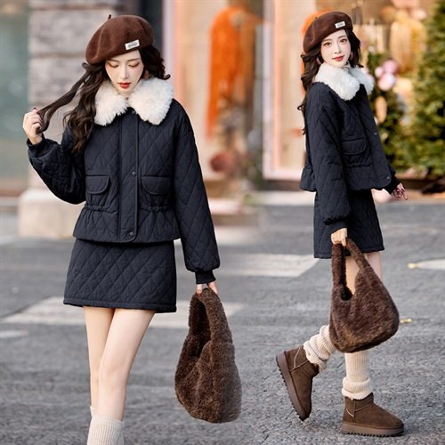 Retro Quilted down Jacket Suit Skirt for Women 2025 Winter New Style Super Nice Elegant Fur Collar Waist Two-Piece Set