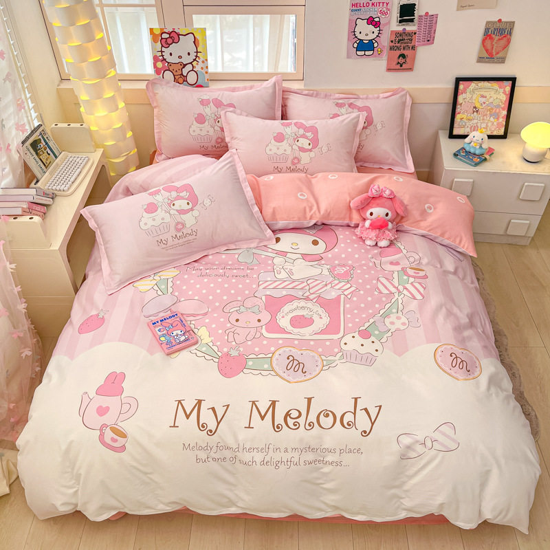 Sanrio Large Printed Cotton Four-Piece Set Pure Cotton Cartoon Kuromi Student Three-Piece Set Fitted Sheet and Quilt Cover Cross-Border