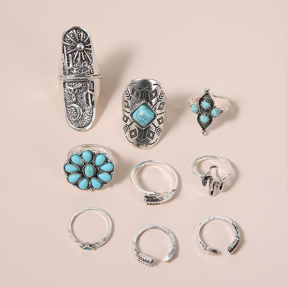 民族风复古镶绿松石雕花羽毛戒指 时尚个性8件套组合戒指套装批发
