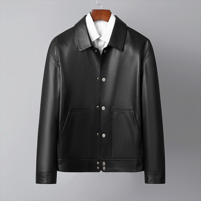 Áo Khoác Da Cừu Nam Cổ Bẻ Kiểu Bomber Màu Đen
