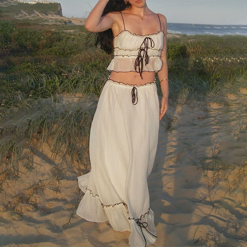 Womens Summer Fashion Set Stylish French Inspired Sleeveless Top Elegant Maxi Skirt Perfect for Vacations Wholesale