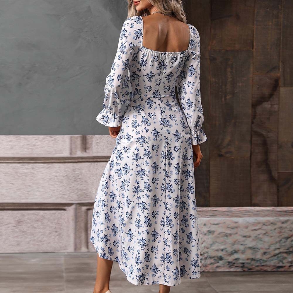 Floral Print Maxi Dress Square Neck High Waist Elegant Style Spring Summer Fashion Wholesale Available