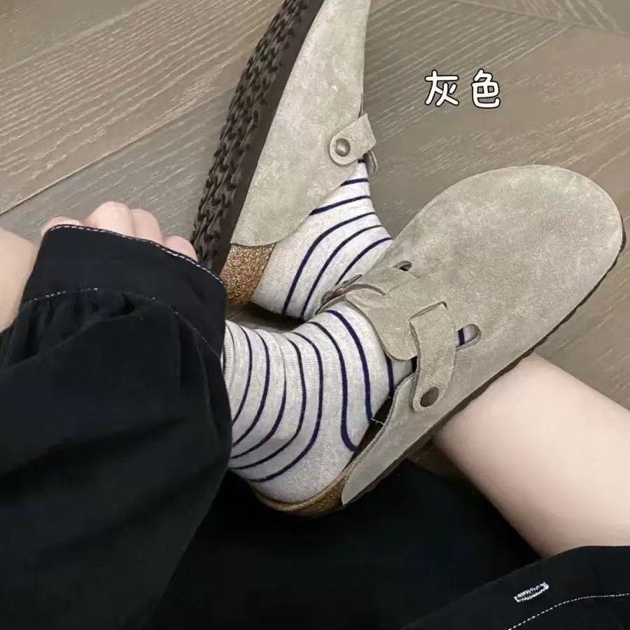 Large Size 44, Small Size 33 Birkenstock Shoes for Men and Women, Genuine Leather Cork Flats Slippers, Autum Outer Wear Baotou Half Slippers