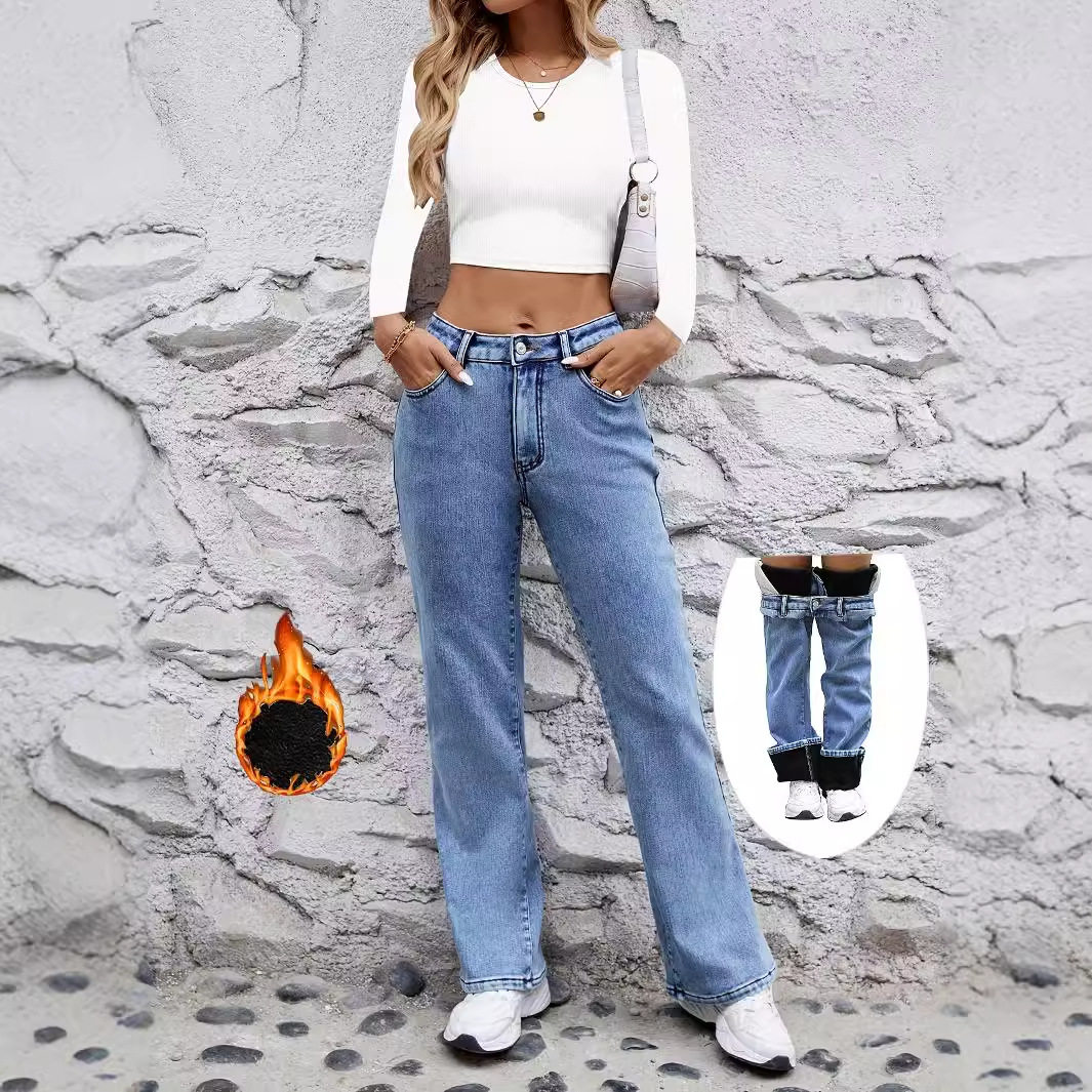 Womens Slim Fit Stretchy Fleece Lined Denim Pants Warm Comfortable Casual Style Wholesale Available