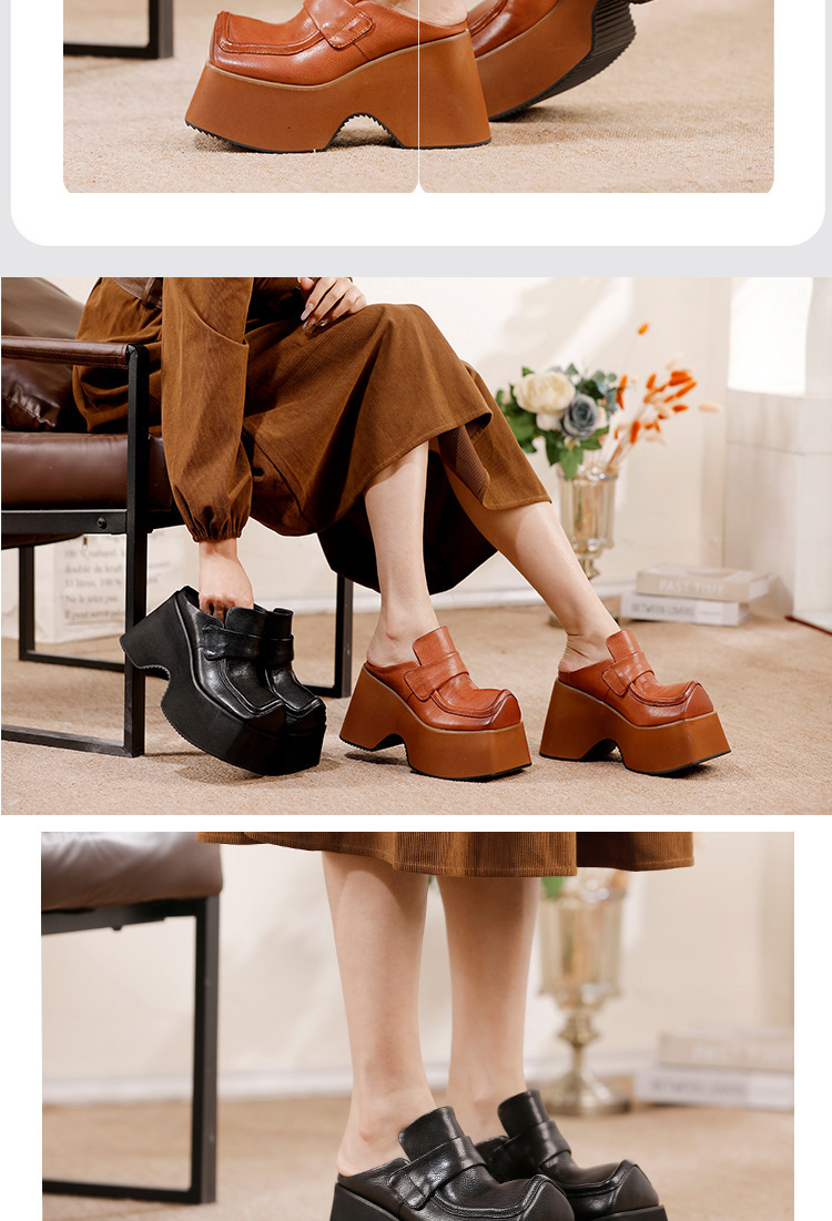 Giày sục nữ da bò thật đế dày gót cao phong cách cổ điển — màu đen, Màu nâu