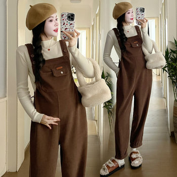 Real Shot Pregnant Women Winter New Outfit Thickened Cotton Fleece Strap Pants Women's plus size Maternity Winter Wear