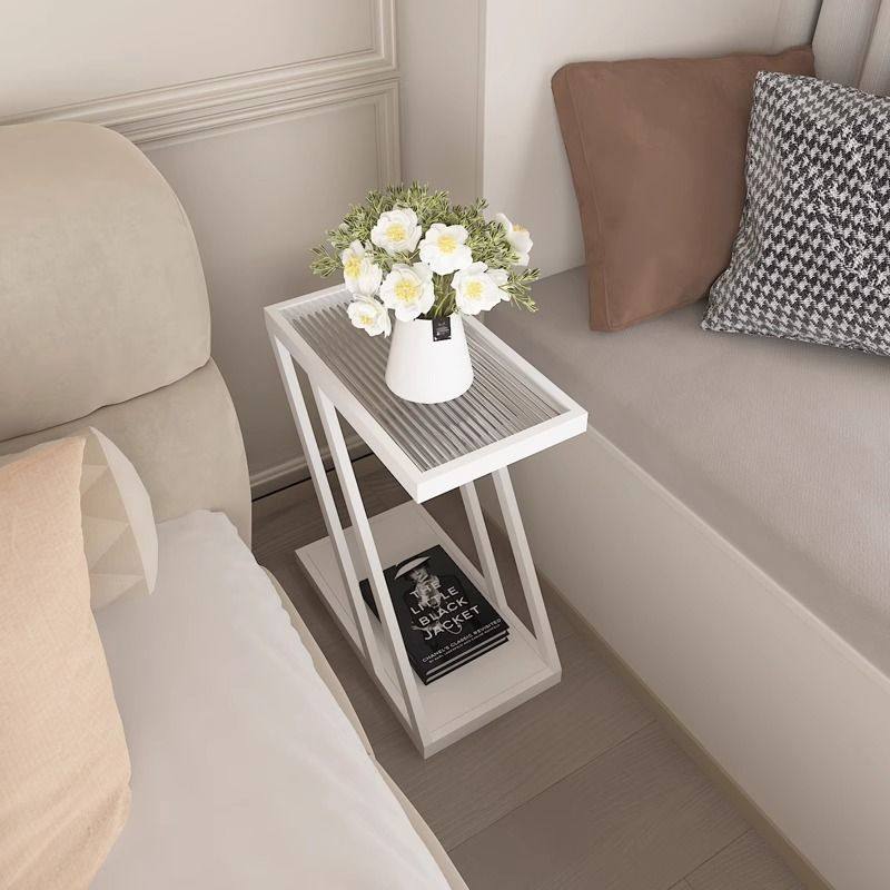 Living Room Sofa Side Table Changhong Glass Floor-Standing Storage Rack Iron Ultra-Narrow Bedside Table Small Narrow Corner Table