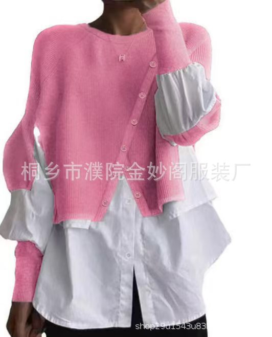 欧洲站跨境春秋新款针织毛衣亚马逊衬衫拼接假两件气质外穿女装