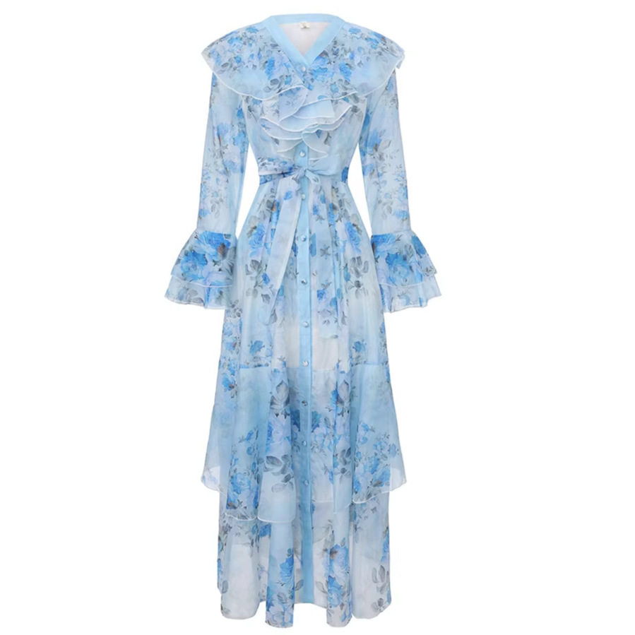 Elegant Floral Print Bell Sleeve Dress for Women French Style Waist Defined Ruffled Hem Perfect for Spring and Autumn