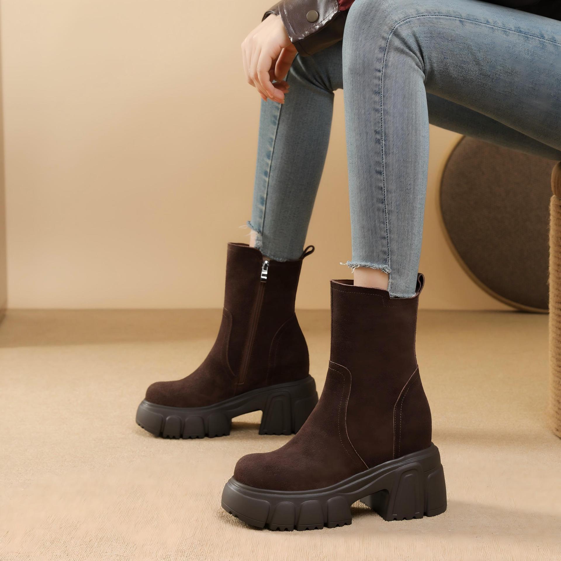 Cao Gót Nữ Cao 10cm Mũi Tròn Gót Vuông Đế Cao Hàng Mùa Xuân Thu Đông Phục Cổ Cổ Điển