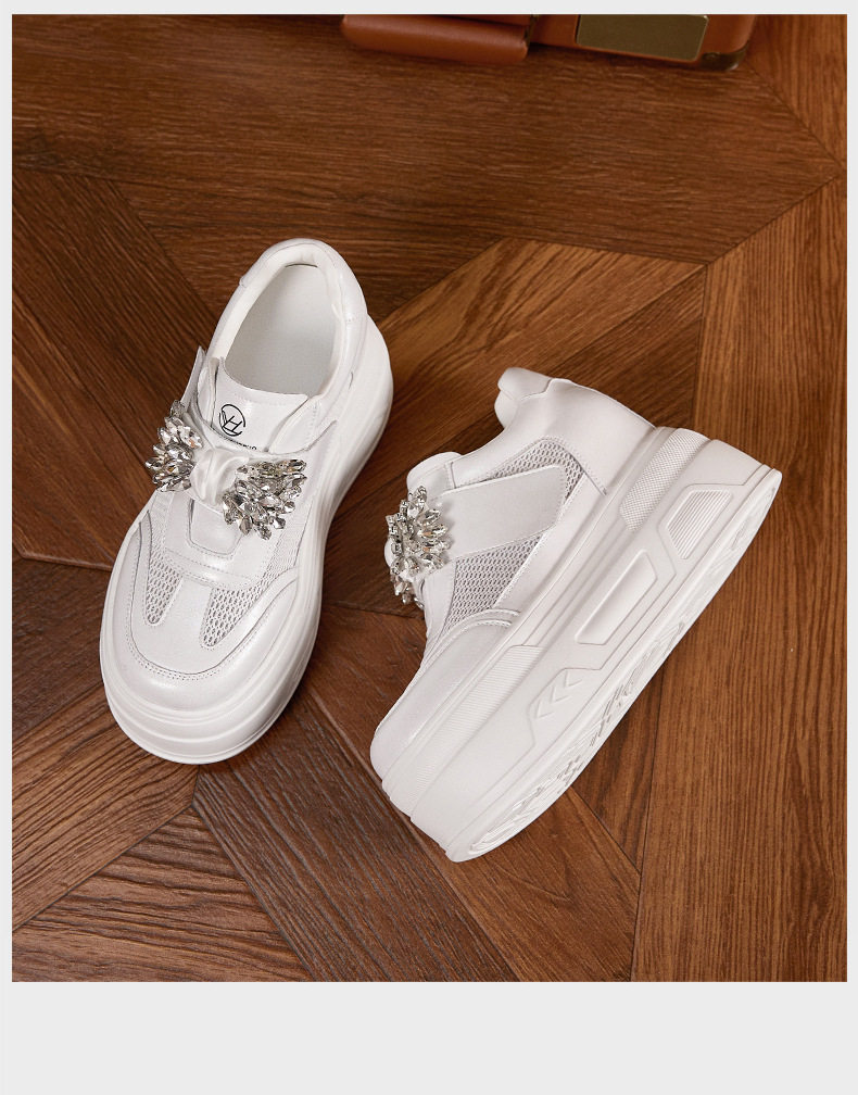 Giày sneaker nữ đế dày chunky trắng phối đá rhinestone, form hầm hố, tăng chiều cao — Trắng, Xám chi tiết 17