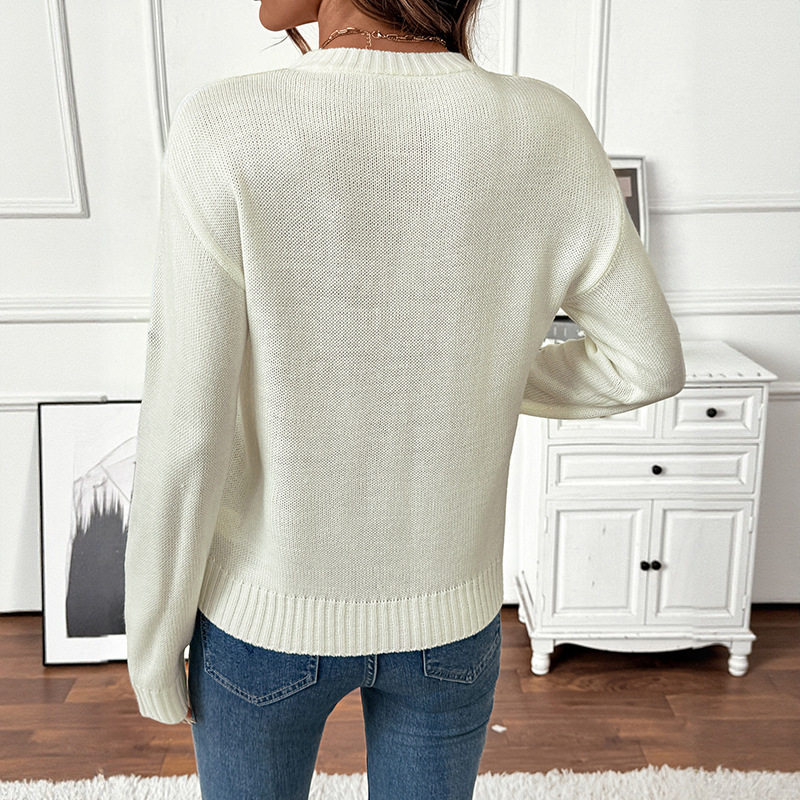 Floral Embroidered Sweater Soft White Loose Fit Round Neck Sweet and Gentle Style for Casual Wear Wholesale