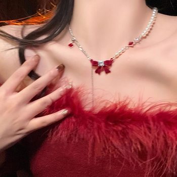 Red Bow Pearl Necklace Women's Toasting Clothing Christmas Chain Engagement Necklace Light Luxury High-end Accessories