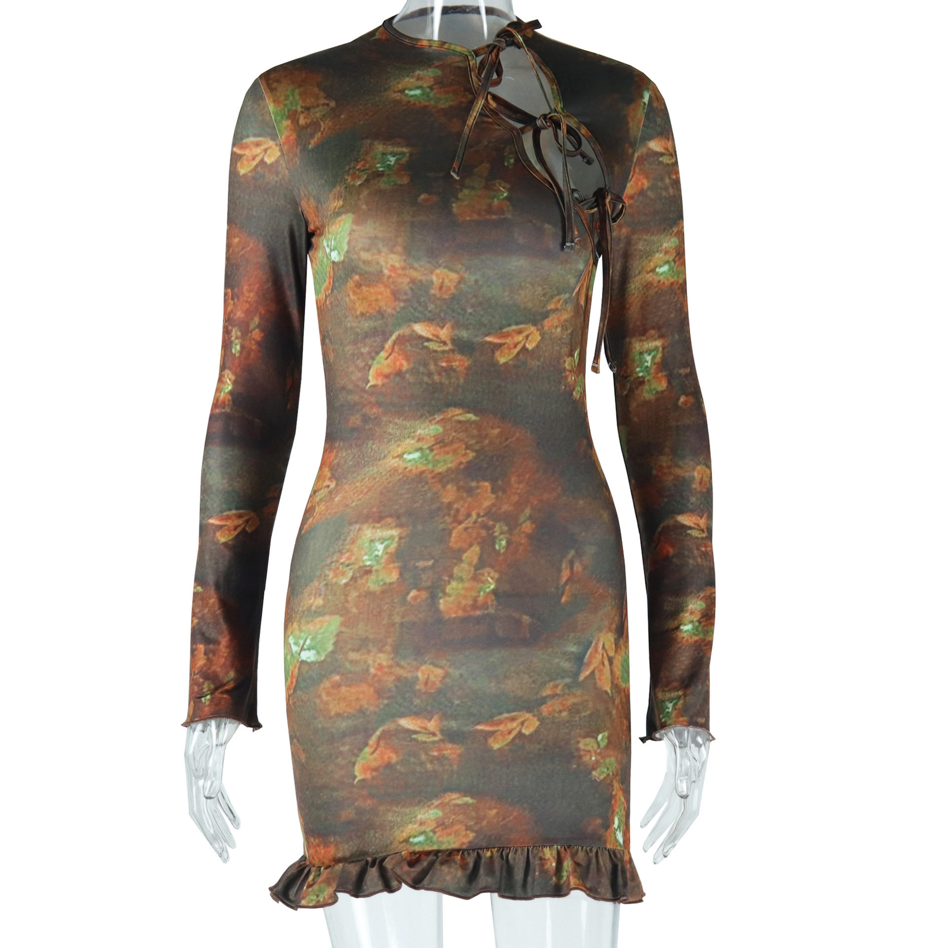 Long Sleeve Round Neck Tie Waist Mini Dress Vintage Floral Print Slim Fit Elegant Style Perfect for Parties and Events