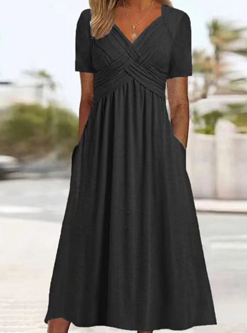 Womens Solid Color V Neck Short Sleeve Dress Trendy Design Comfortable Fabric Perfect for Fall Wholesale Available