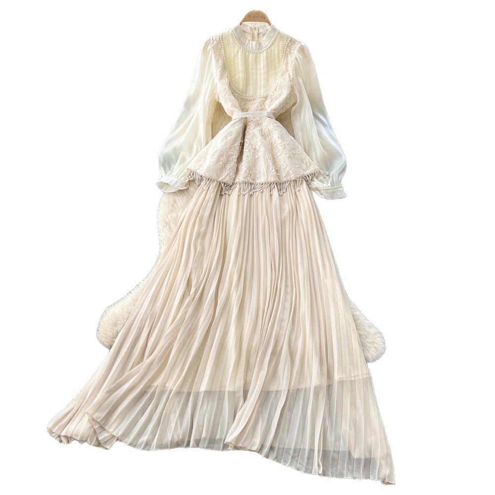 French Style High End Beaded Lantern Sleeve Tassel Dress Waist Tie A Line Silhouette Elegant for Office Wear