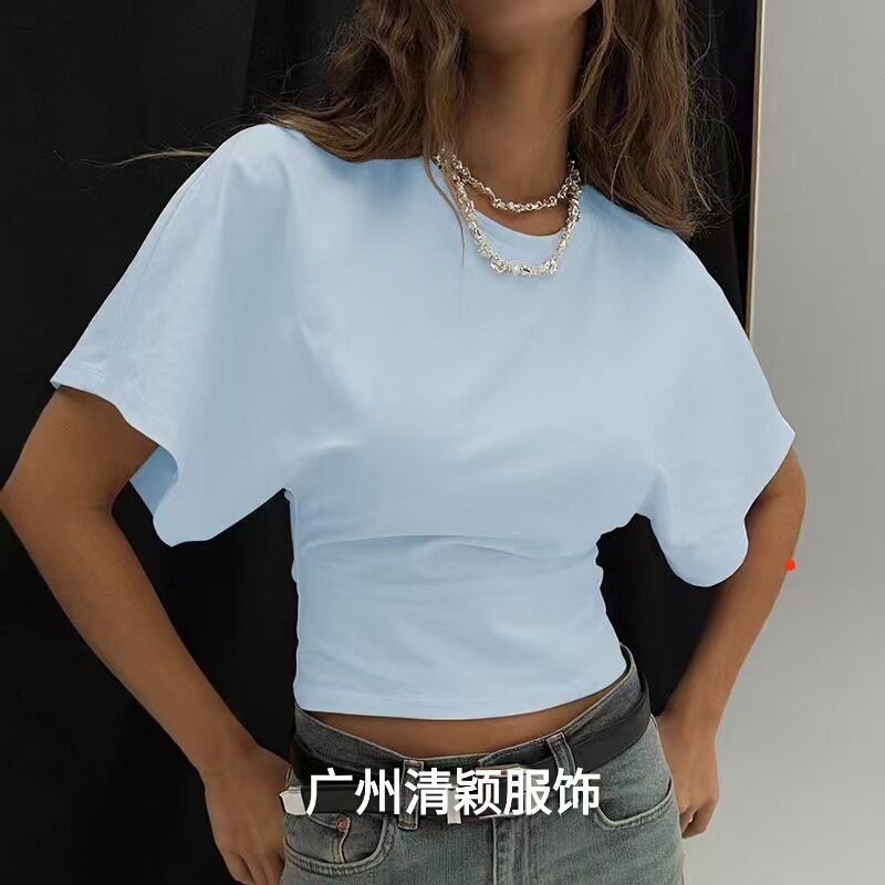 2025韩版设计感圆领套头短袖T恤女夏季新款简洁百搭纯色宽松上衣
