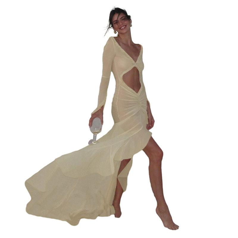 Summer Womens Dress V Neck Sheer Hollow Out Ruffled Lace Slim Fit Perfect for Parties and Events Wholesale