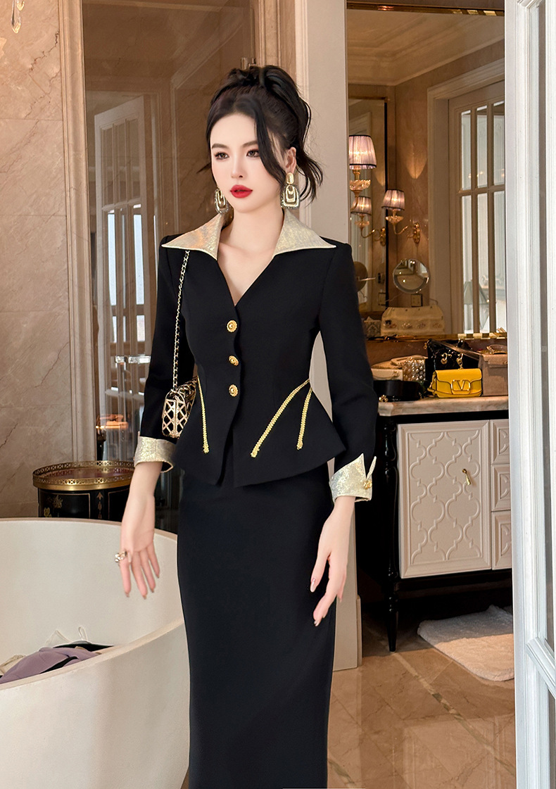 Bộ đầm nữ hai món áo khoác cổ chữ V thắt eo và chân váy ôm cạp cao — Màu đen