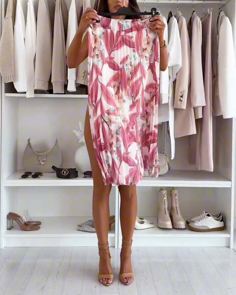 Bohemian Satin Pleated Midi Skirt Floral Print Accordion Pleats Elegant Style Perfect for Parties and Casual Wear