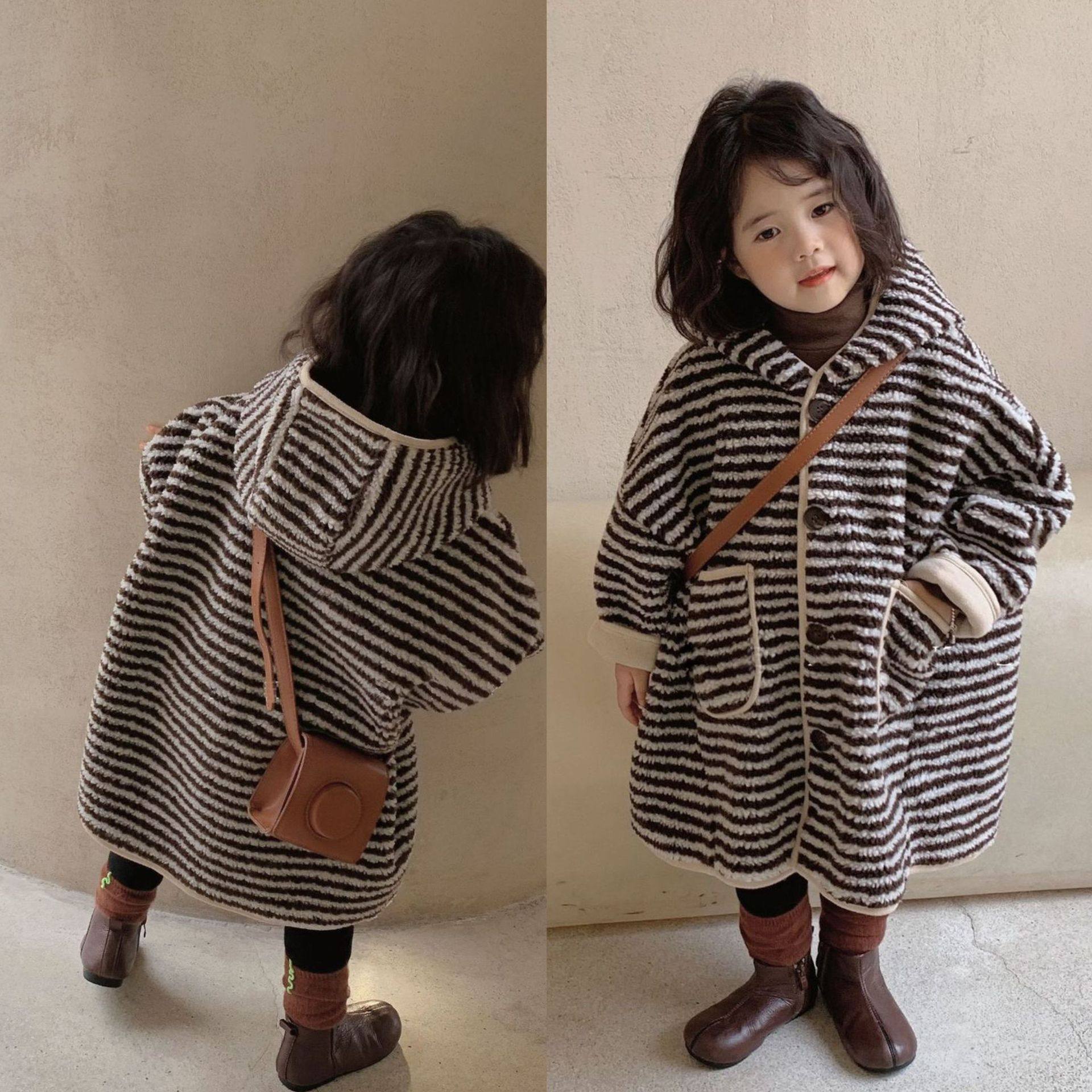 Girls thickened coat autumn and winter mid-length hooded top fur coat 3-8 years old children's clothing