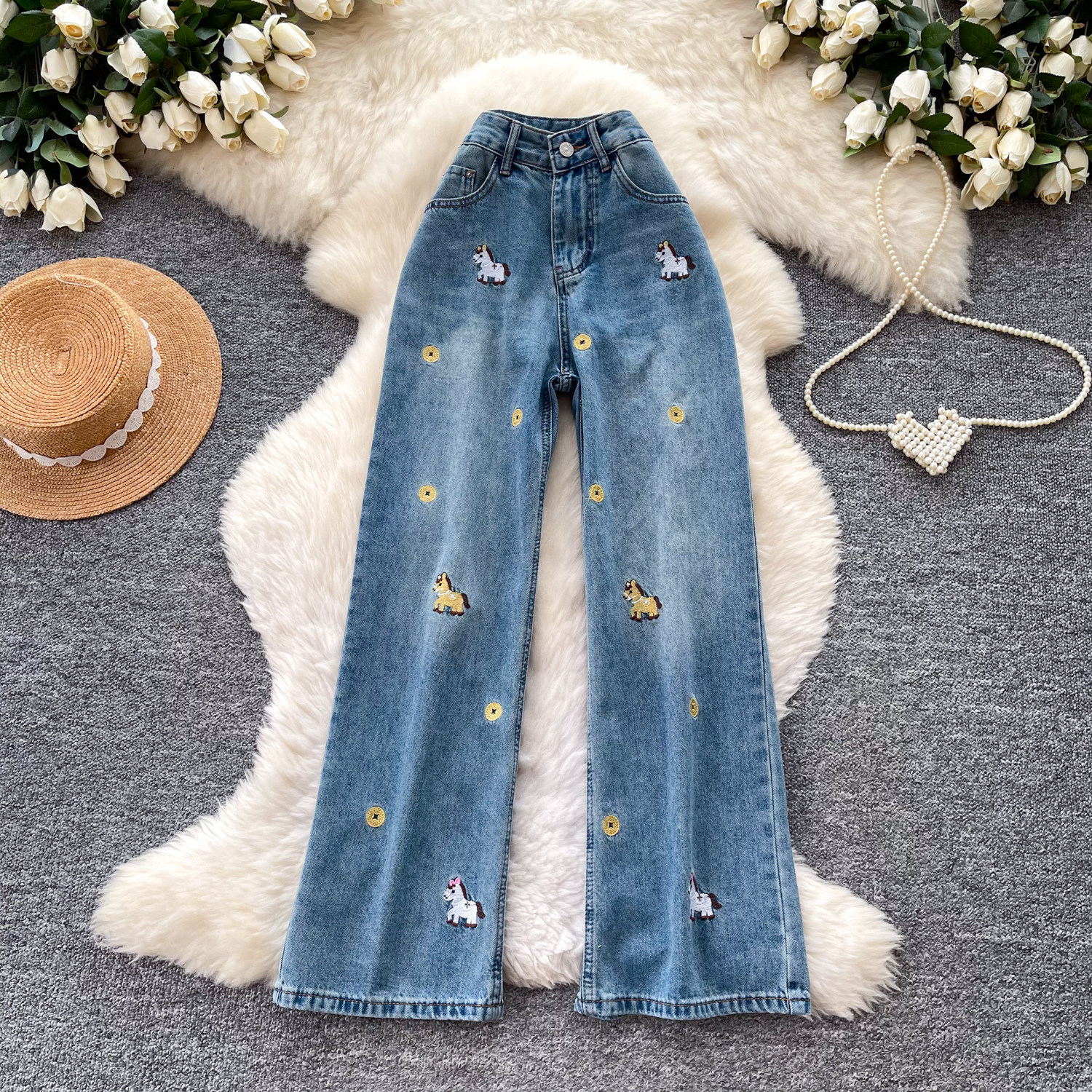 High Waisted Cartoon Embroidered Wide Leg Jeans for Women Summer Casual Loose Fit Blue Available in Small Sizes