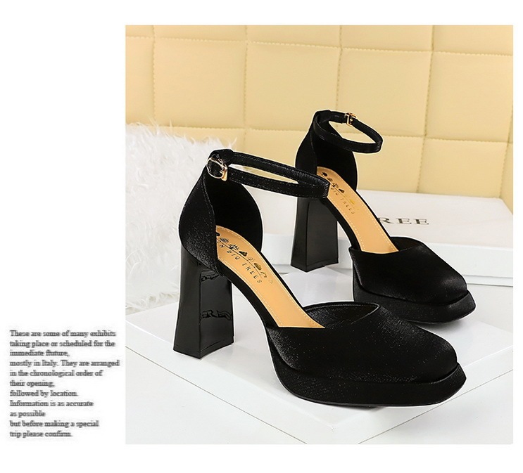 Sandal cao gót nữ quai ngang mũi vuông đế xuồng mặt satin — Màu đen, Màu đỏ rượu, Màu sâm panh, Màu trắng