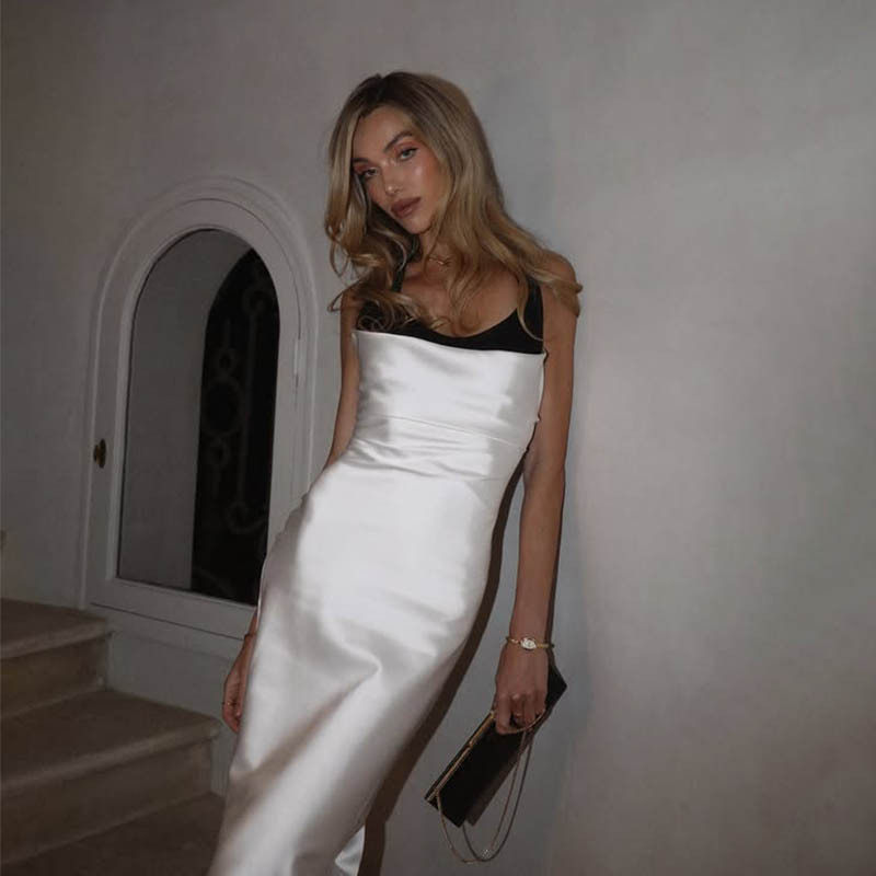 Elegant Sleeveless Midi Dress Color Block Satin Fabric Fashionable Summer Style for Women Wholesale Available