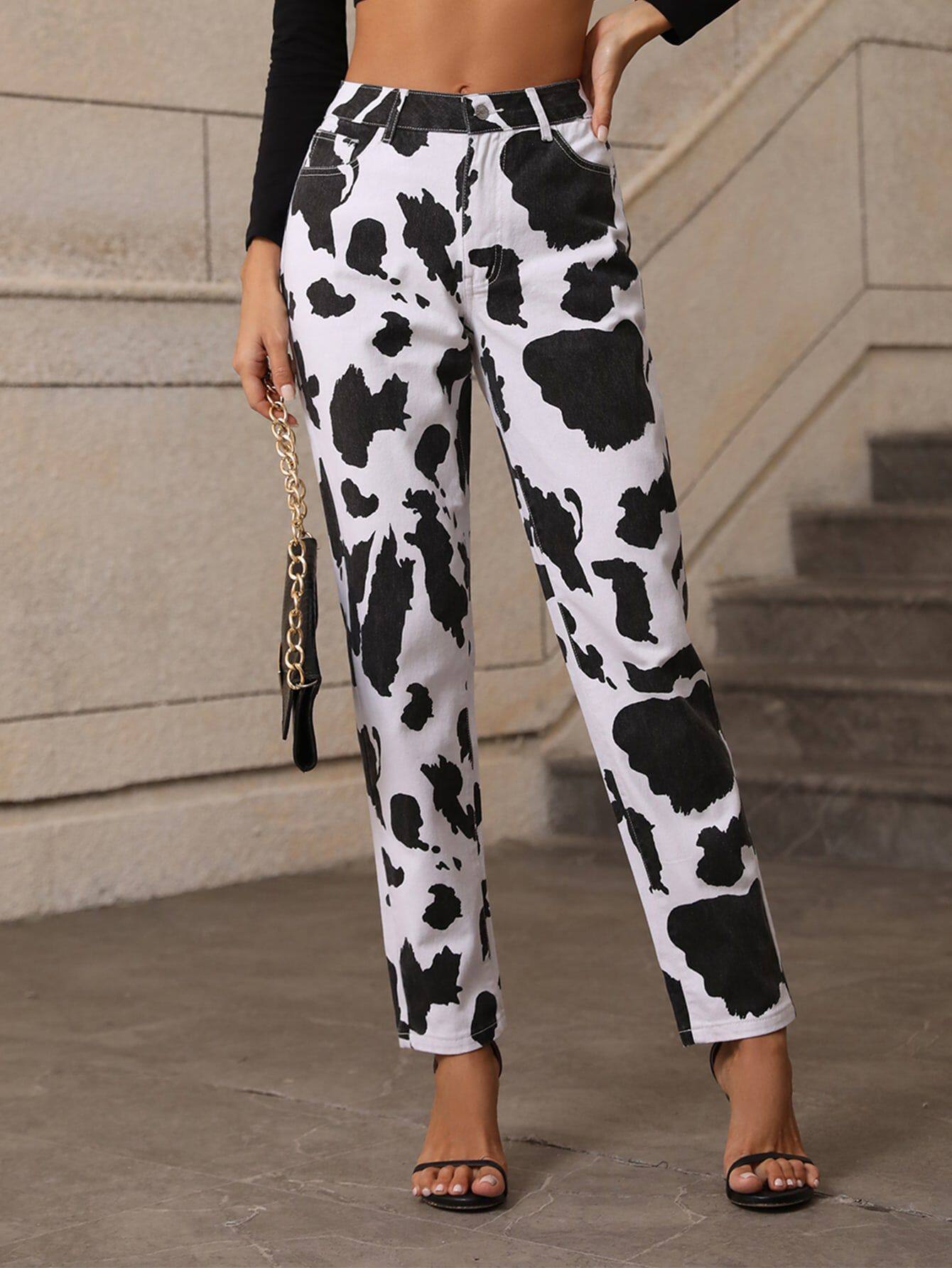 High Waisted Cow Print Denim Pants Unique Design Trendy Style Comfortable Fit Casual Wear Ready to Ship