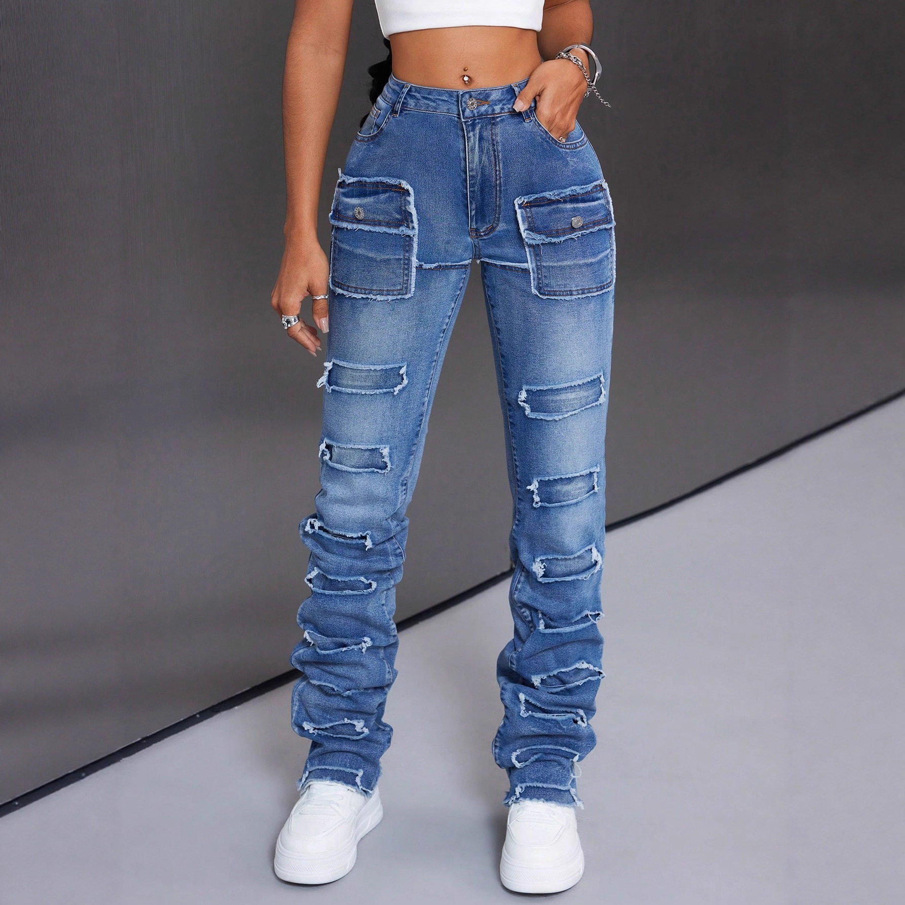 Womens Casual Stretch Denim Cargo Pants Versatile Fit Comfortable Fabric Stylish Design Perfect for Everyday Wear