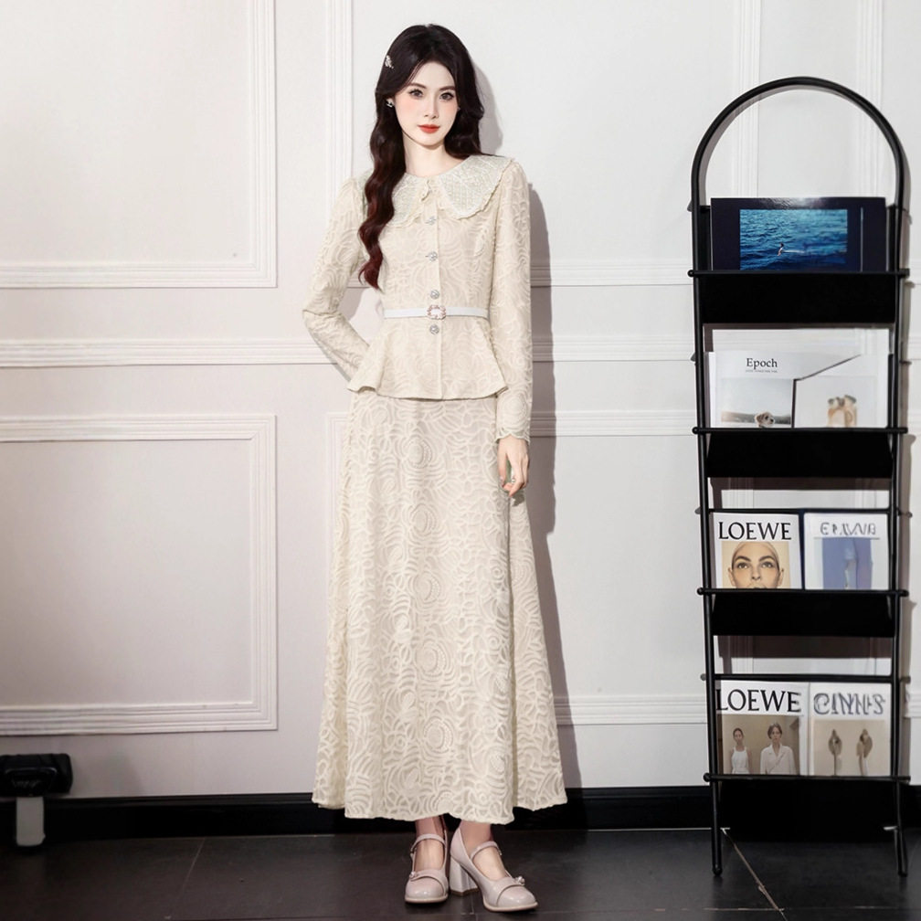 French Style Elegant Womens Two Piece Set Embroidered Beaded Doll Collar Waist Tie Long Sleeve Top High Waist Skirt