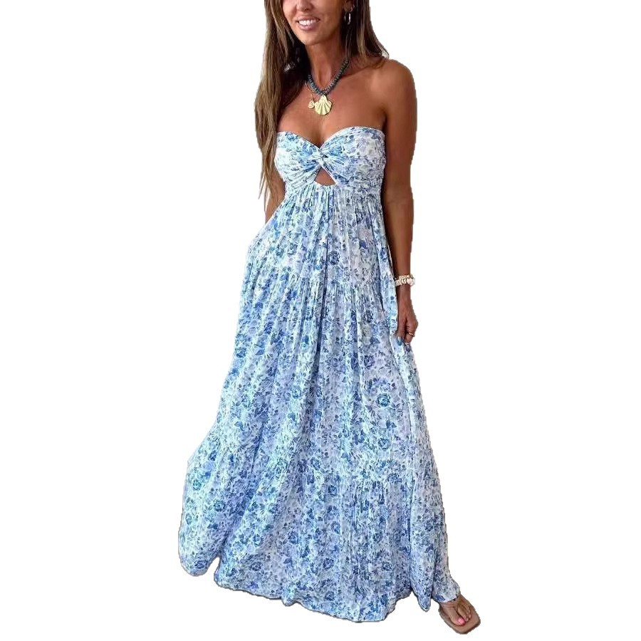 Elegant Floral Print Strapless Backless Dress Spring Collection Womens Fashion Wholesale Available