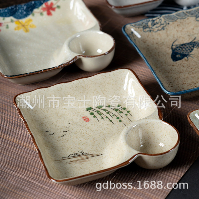 Japanese-Style Hand-Painted Ceramic Dumpling Plate with Vinegar Dish, Square Dumpling Plate, Household Sushi Plate, French Fries Plate, Chinese Trendy Style