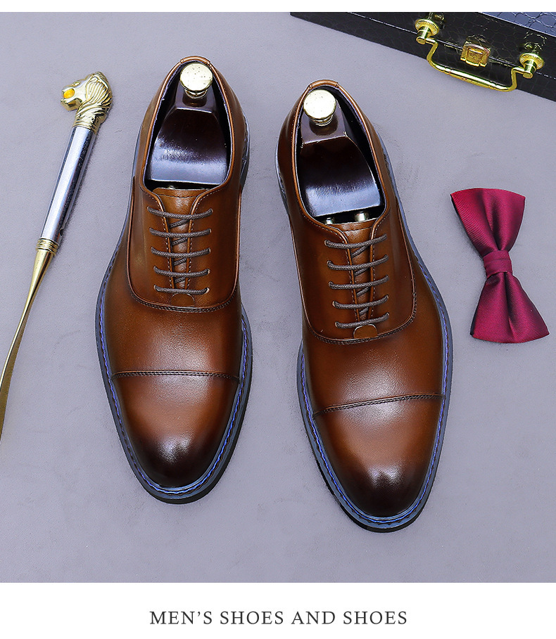 Giày Oxford nam da bò thật mũi tròn buộc dây, giày công sở và giày cưới — Màu nâu (viền xanh), Màu nâu (viền đen), Đen (viền xanh), Đen (viền đen)