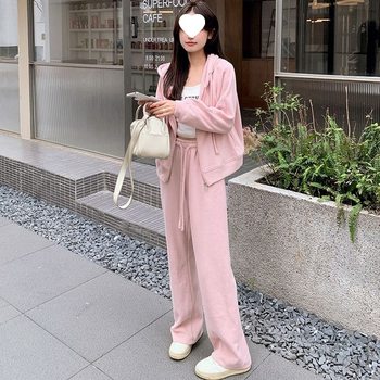Pink Casual Suit for Women 2025 Autum New Korean Style Slim Hooded Sweatshirt Jacket Wide Leg Pants Two-Piece Set