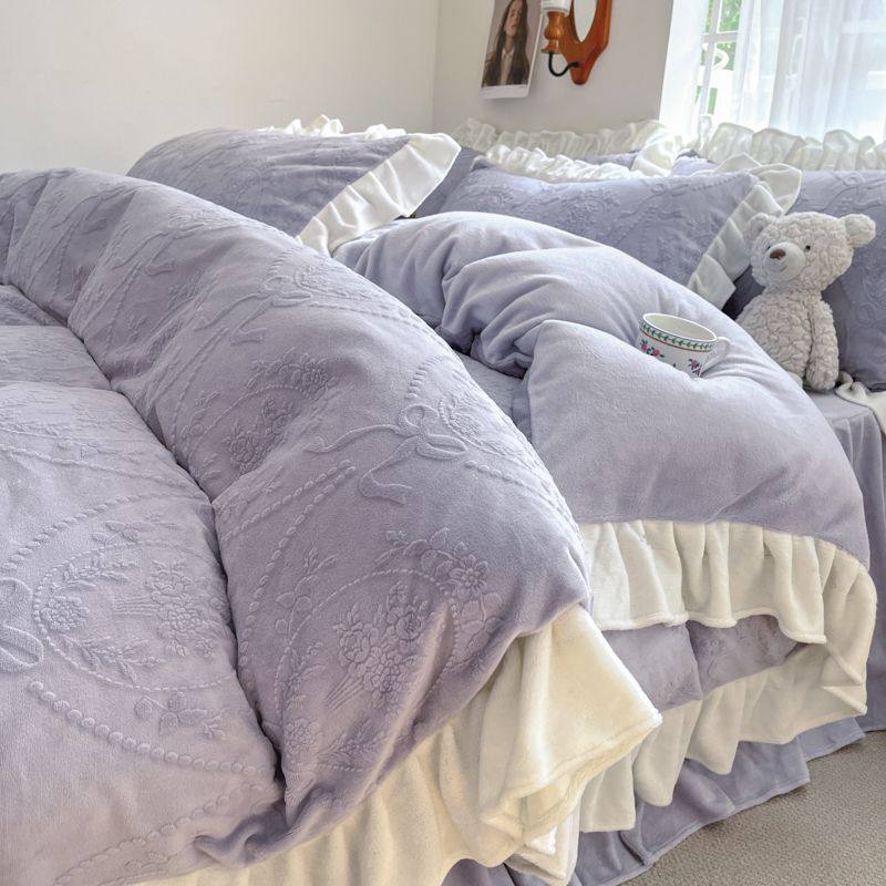 Korean Style Carved Velvet Milk Velvet Four-Piece Winter Coral Velvet Thickeneded Quilt Cover Flannel Bed Skirt Bed Bed Sheets Three-Piece Set