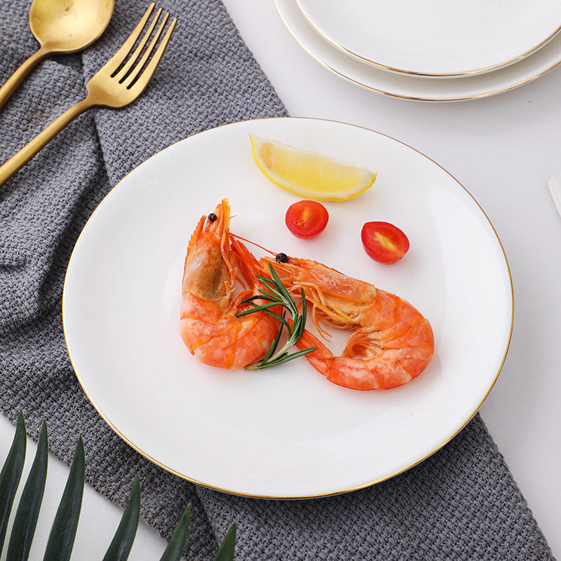 Wholesale Gold-Rimmed Ceramic Round Western Food Plates, Household Dishes, Shallow Plates, Flat Plates, Cold Dishes, Steak Plates, Pasta Plates
