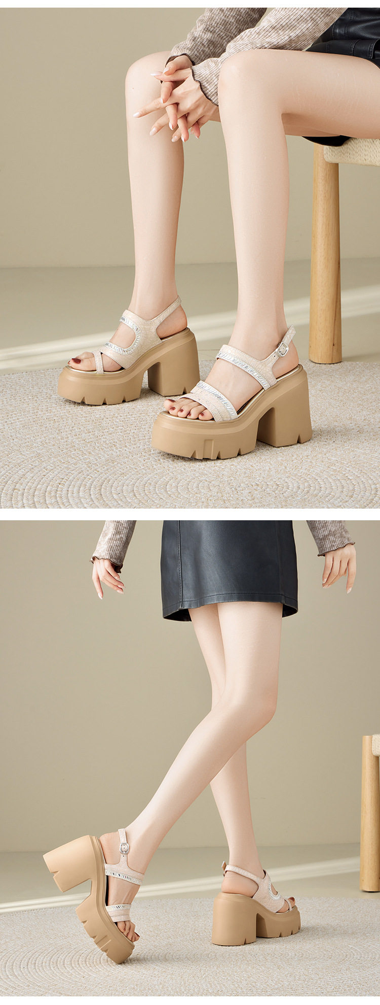 Sandal cao gót nữ hở mũi đế platform 12 cm, quai ngang đính đá — Xám, Áo khoác sáng, Bạc chi tiết 7