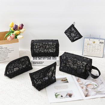 Mesh Hand-Held Tote Bag, Flocked Storage Bag, Portable Travel Cosmetic Bag, Large-Capacity Toiletry Bag, Transparent Design