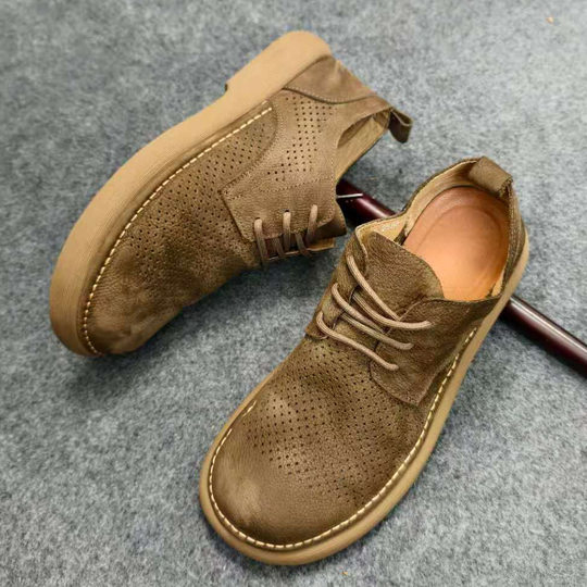 镂空真皮宽头男士男鞋透气休闲复古鞋子真皮皮鞋系带软皮软底百搭
