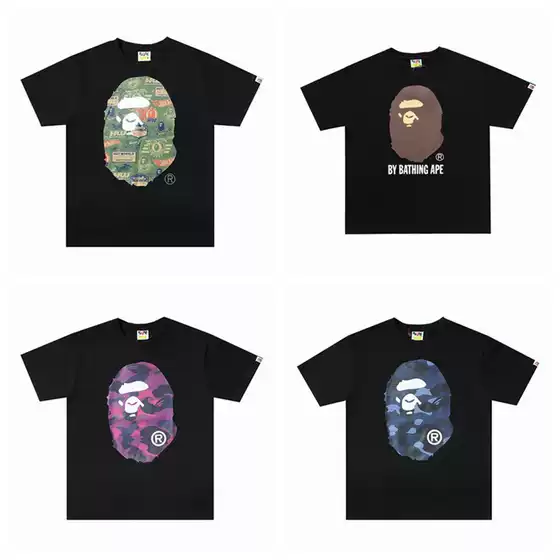 Men's Digital Letter Print Pure Cotton Round Neck Short Sleeve Ape Head Bape Foreign Trade Cross-Border Trendy Brand Unisex Couple T-Shirt