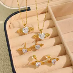 European and American Hot-Selling Heart-Shaped Zircon Angel Wings Pendant Necklace Earrings Simple Titanium Steel Plated 18K Jewelry Set