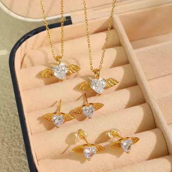 European and American Hot-Selling Heart-Shaped Zircon Angel Wings Pendant Necklace Earrings Simple Titanium Steel Plated 18K Jewelry Set