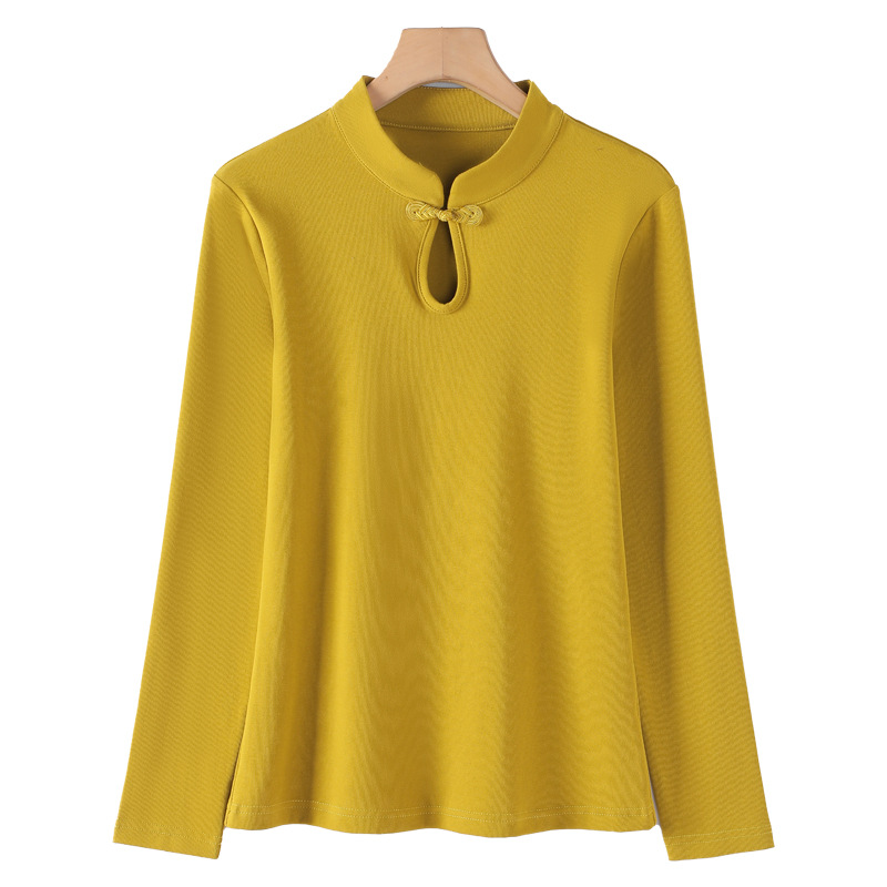 6606#春秋半高领长袖t恤女修身水滴领新中式国风棉打底衫一件代发