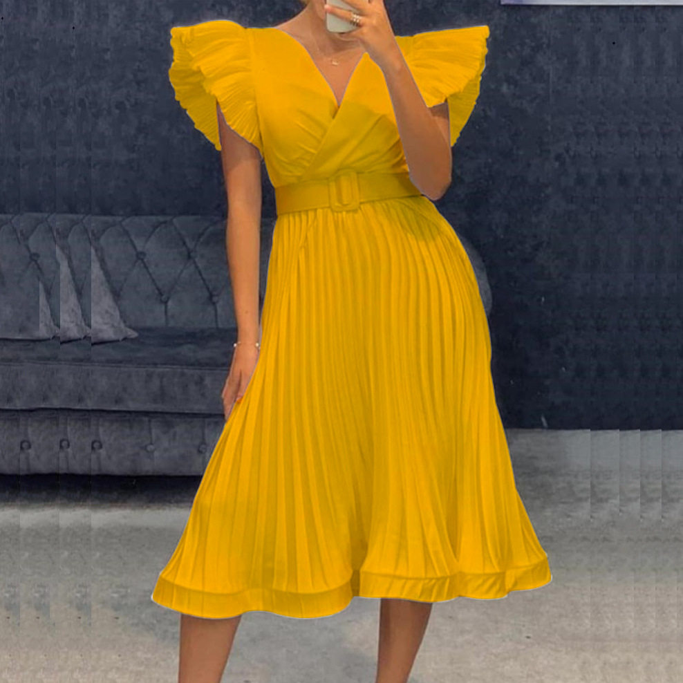 Womens V Neck Pleated Dress with Flutter Sleeves Elegant Design Belt Included Perfect for Parties and Events