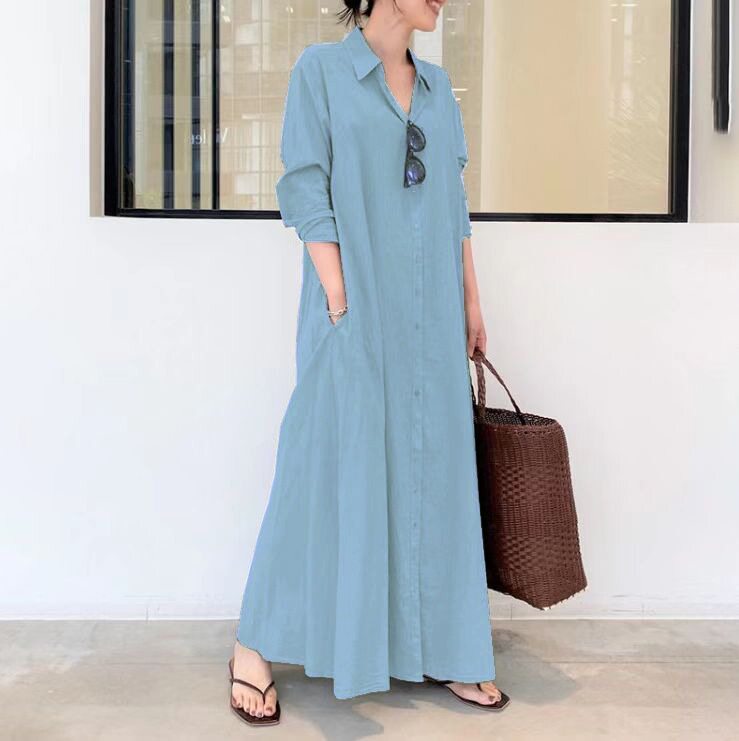 Cotton Linen Long Sleeve Shirt Dress Solid Color Pocket Design Loose Fit Casual Everyday Wear Ready to Ship