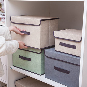 Artificial linen fabric storage box foldable clothes sundries portable dustproof storage box with lid folding storage box wholesale