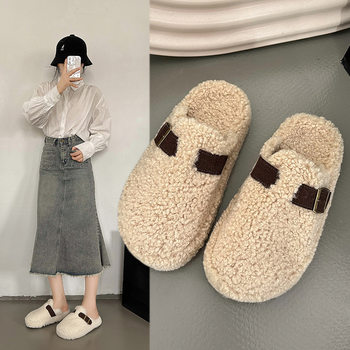 Flat closed toe half slippers woolen slippers women's outer wear 2023 autumn and winter slip-on warm lamb wool shoes women