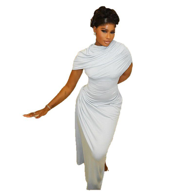 Casual Womens Dress Solid Color Loose Fit Short Sleeve Asymmetrical Hem Comfortable Homewear Wholesale Available
