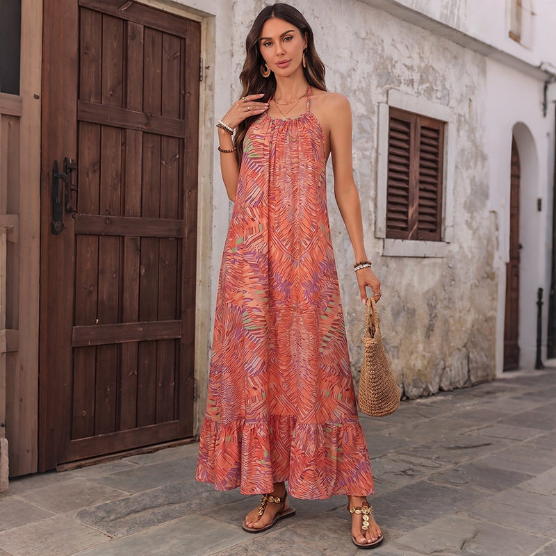 Bohemian Floral Print Backless Maxi Dress Relaxed Fit Halter Neck Lightweight Fabric Perfect for Vacations